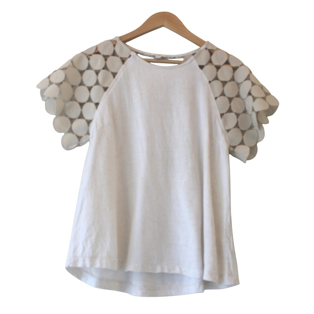 Umgee Linen Blend Blouse Womens Small Cream Excellent Eyelet Raglan Sleeve